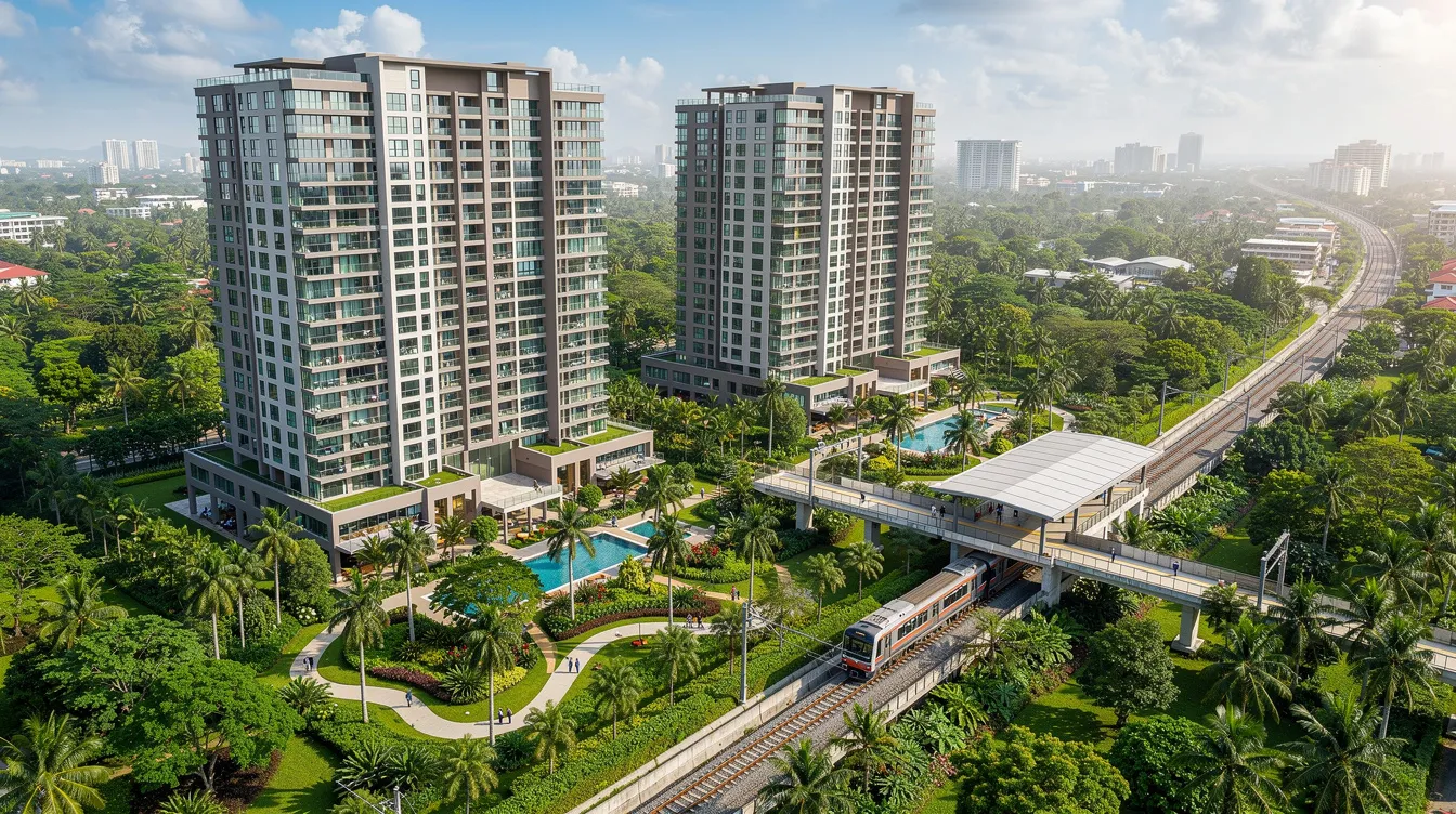 An aerial view showcases modern residential towers nestled among lush greenery, with a nearby train station visible in a vibrant tropical city. This image highlights the harmonious blend of urban living and nature, ideal for families considering education options and school fees in Singapore.