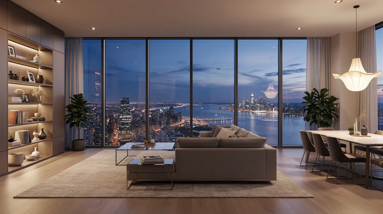 The image showcases the interior of a high-floor luxury residence featuring expansive floor-to-ceiling windows that provide breathtaking views of a waterfront cityscape, highlighting the elevated lifestyle associated with branded residences in Singapore. This luxurious living space emphasizes premium finishes and design standards, making it an attractive option for international buyers seeking a prime location near Marina Bay.