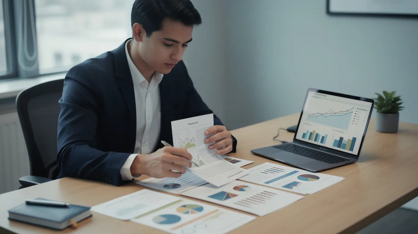 A young professional sits at a desk, reviewing property documents and financial charts on a laptop, focusing on strategies for property asset progression and financial security in Singapore's vibrant property market. The scene emphasizes the importance of planning for purchasing private properties and building a successful property portfolio.