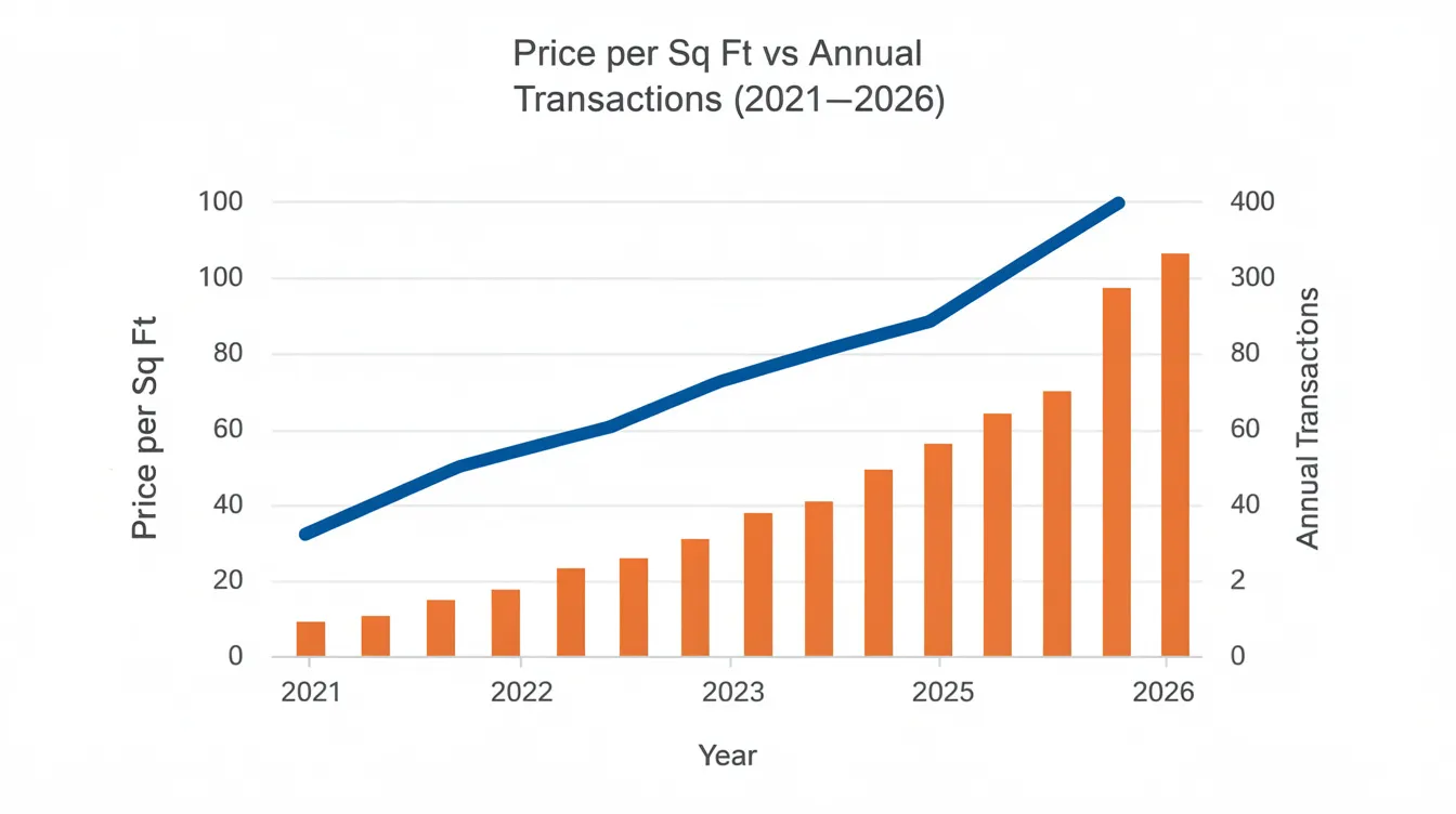 The image features a simple chart illustrating the rising price per square foot of shophouses in Singapore from 2021 to 2026, alongside a declining bar graph representing annual transaction volume. This visual highlights the increasing interest in freehold landed shophouses despite a reduced total transaction value and lower sales volume, indicating strong investor interest in the shophouse market.