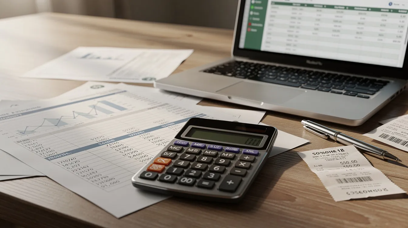The image features a close-up view of financial documents, a calculator, and a laptop arranged on a desk, symbolizing the process of household budget planning. This setup may include references to important financial aspects such as the monthly household income ceiling and eligibility conditions for purchasing an HDB flat or executive condominium in Singapore.