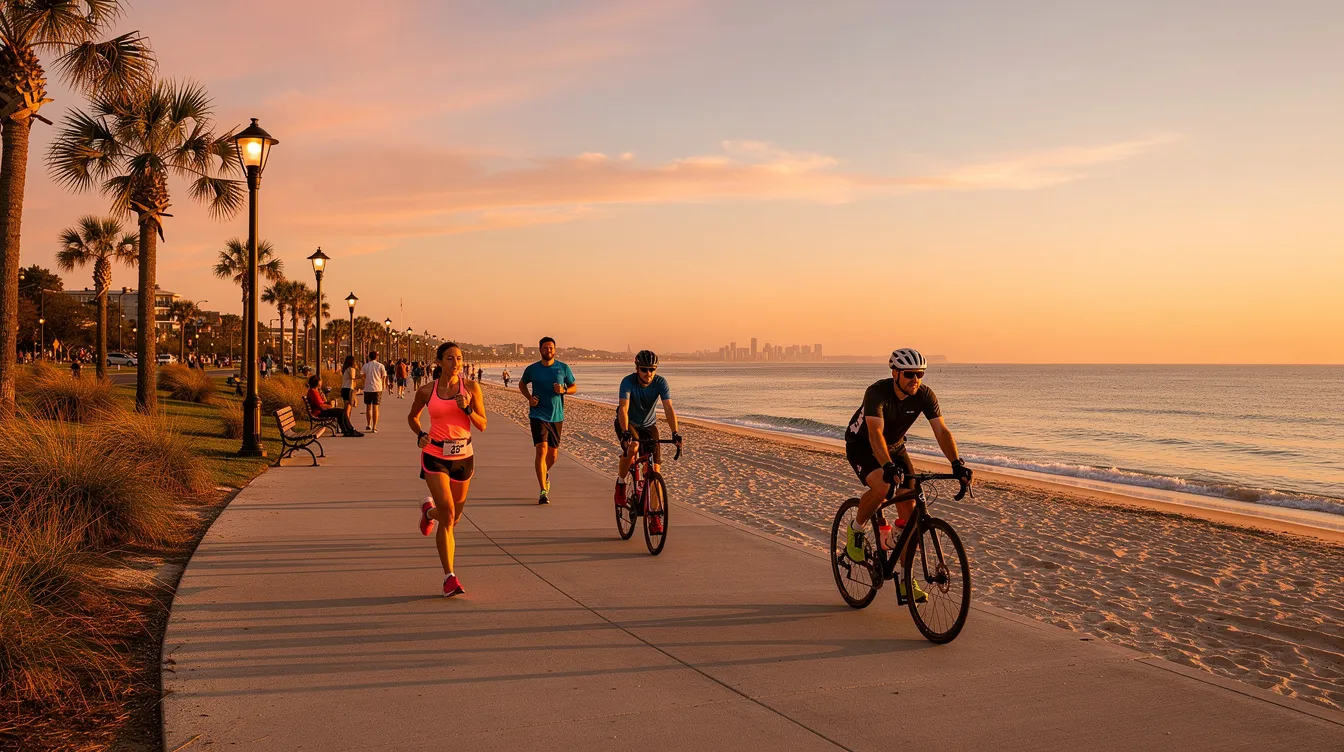 The image depicts a scenic coastal waterfront park at sunset, where joggers and cyclists enjoy a beachside path lined with palm trees, with the tranquil sea horizon in the background. This vibrant scene is typical of Pasir Ris Park, a popular recreational area that offers various facilities for families and fitness enthusiasts alike.