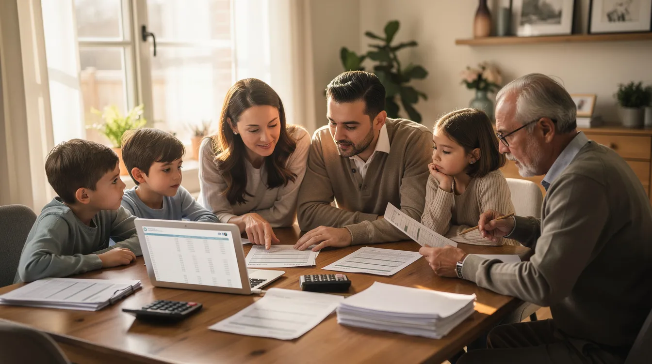 A family is gathered around a dining table, reviewing financial documents together while using a laptop and a calculator. They appear to be discussing their gross monthly income, monthly debt obligations, and other important financial aspects related to property loans and mortgage servicing ratios.