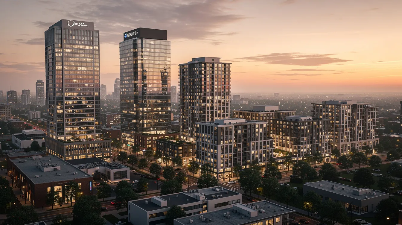 The image depicts a vibrant city-fringe skyline at dusk, featuring a mix of commercial towers and residential condominiums side by side, highlighting the contrast between private property investments and commercial property developments. This scene reflects the dynamic urban landscape of Singapore, where property transactions are influenced by factors such as buyer's stamp duty and market value.
