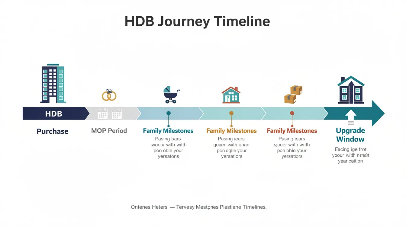 The infographic-style timeline illustrates the journey of HDB purchase, the Minimum Occupation Period (MOP), family milestones, and the ideal upgrade window, all aligned along a horizontal arrow. It highlights key aspects of asset progression in the Singapore property market, emphasizing important factors such as market timing and property investments.