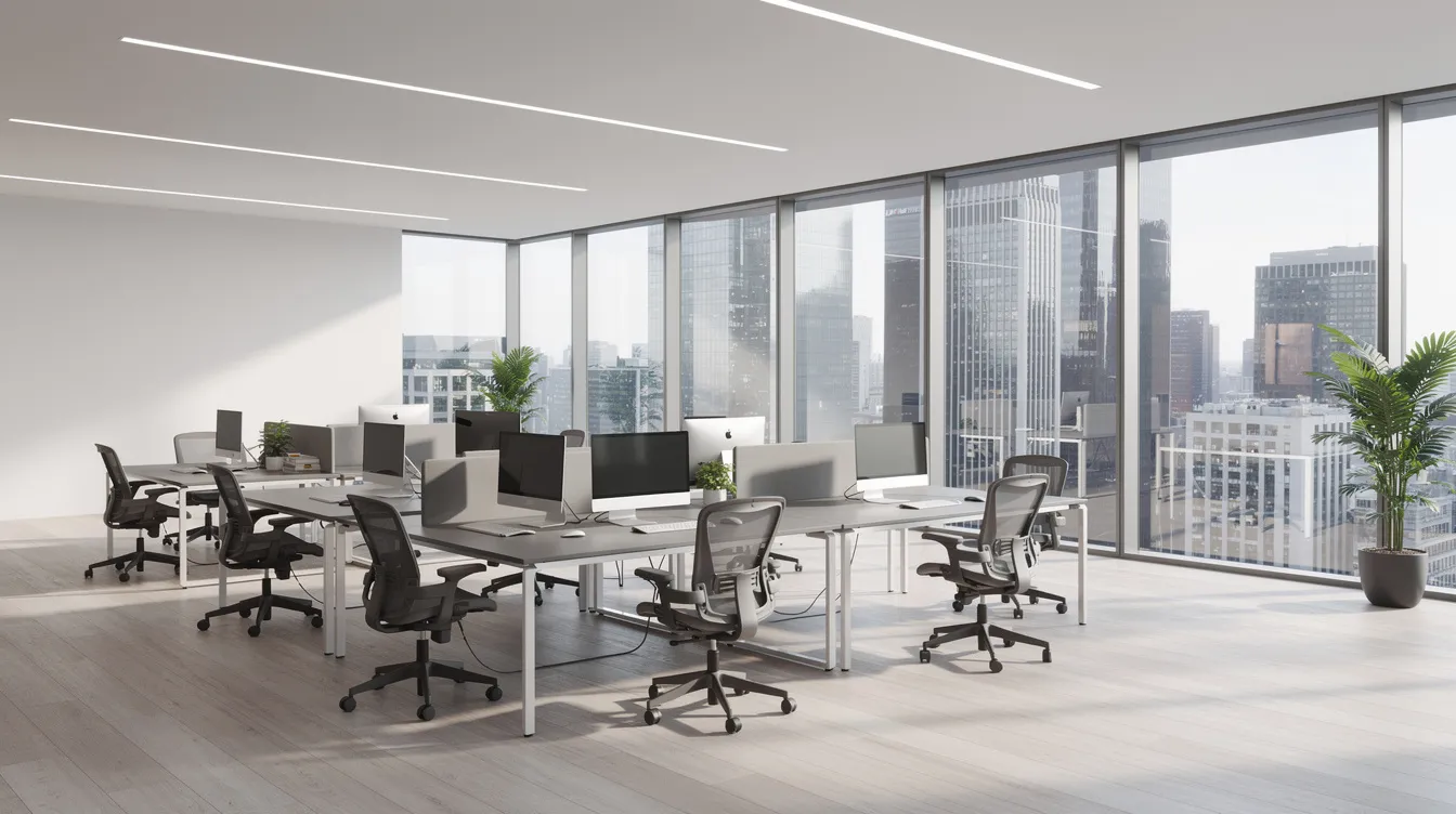 The image depicts a bright strata office interior featuring modern workstations arranged neatly, with expansive floor-to-ceiling windows that provide a stunning view of a city skyline. This commercial property space emphasizes a productive work environment, ideal for property transactions and investment discussions.
