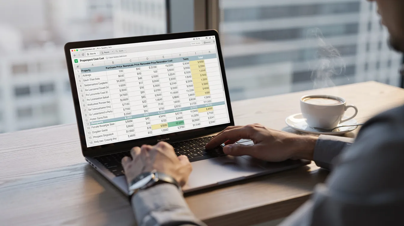 A person is focused on their laptop, analyzing a spreadsheet filled with property cost calculations, including land prices and estimated breakeven prices, while a cup of coffee sits nearby. This scene captures the essence of property investment analysis, highlighting the importance of understanding launch prices and land costs in the real estate market.