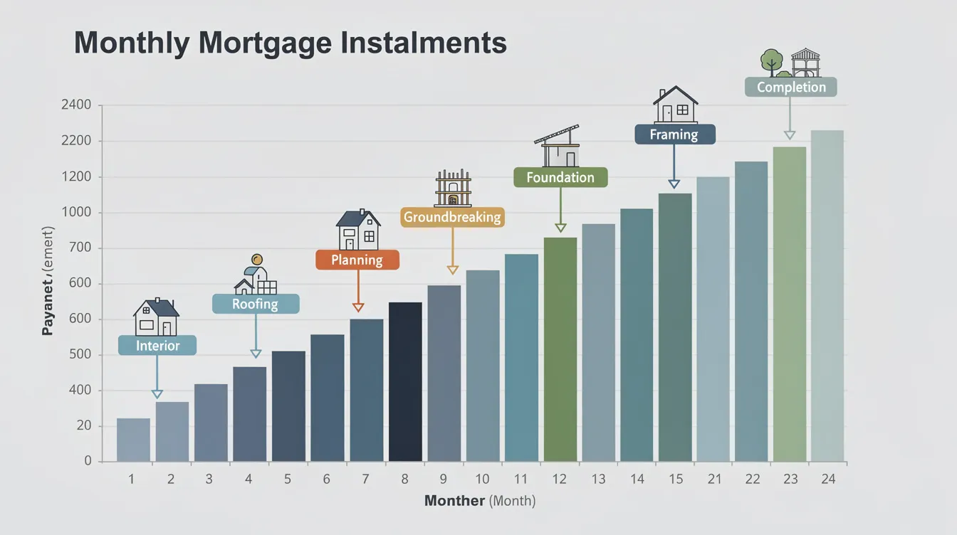 The image features a stepped bar chart illustrating the gradual increase in monthly mortgage installments over a 24-month period, aligned with key construction milestones. This visual representation highlights the importance of cash flow management in construction projects, emphasizing the impact of timely progress payments on financial stability throughout the project lifecycle.