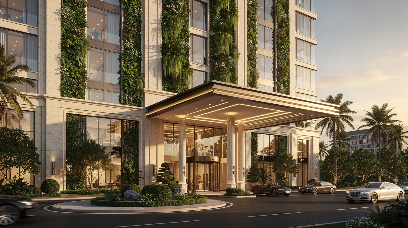 The image features a luxurious condominium facade adorned with lush vertical greenery, highlighting its modern design, while a grand porte-cochère entrance adds an element of elegance. This setting exemplifies the appeal of new launches in prime districts, attracting buyers looking for larger units and upscale living in Singapore.