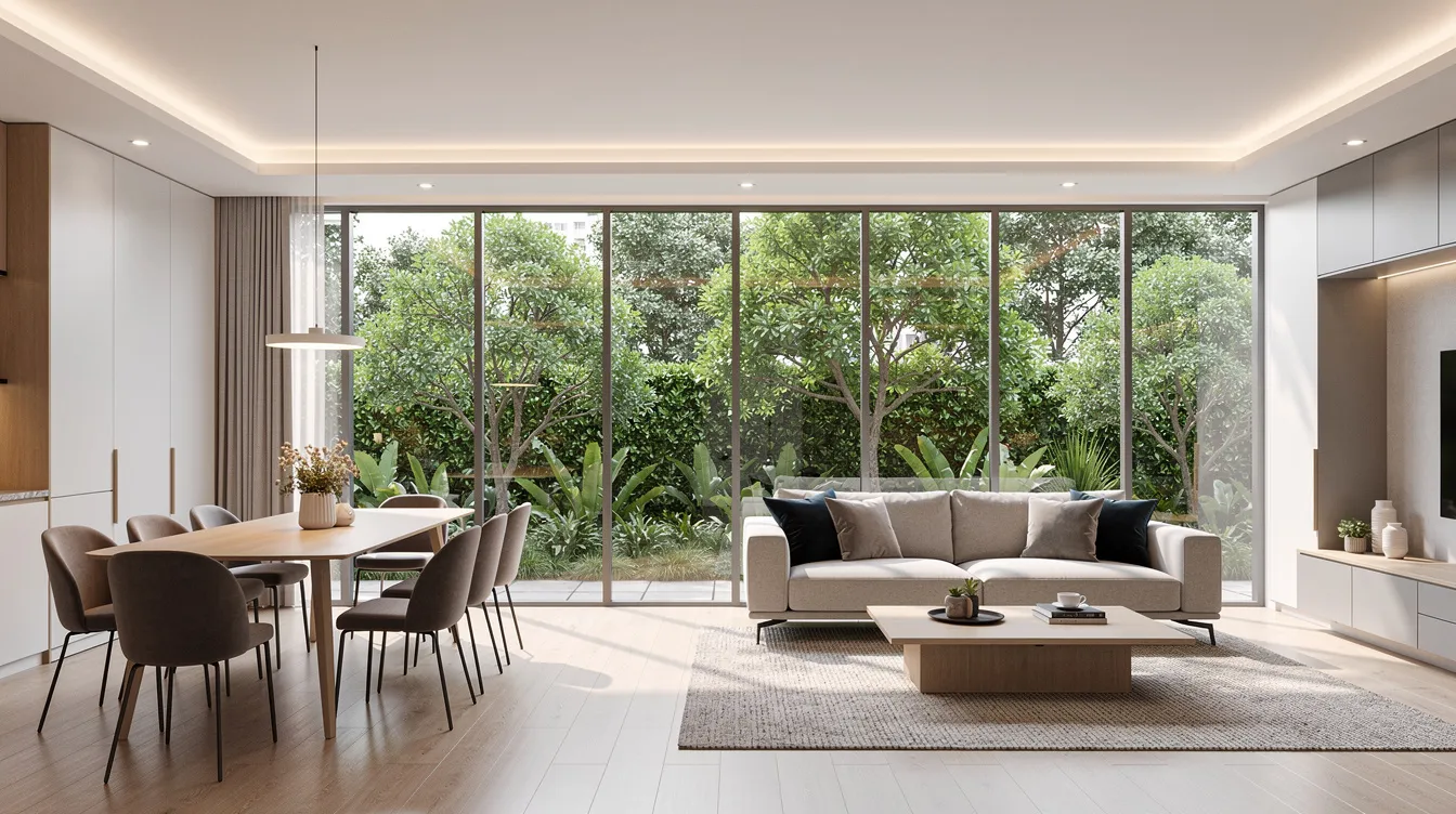 The image depicts a modern condominium showflat featuring an open-plan living and dining area that offers a view of lush greenery outside. This stylish interior emphasizes contemporary design, ideal for potential buyers seeking a private home in a well-connected area near amenities like the Woodlands South MRT station and the Woodlands Regional Centre.