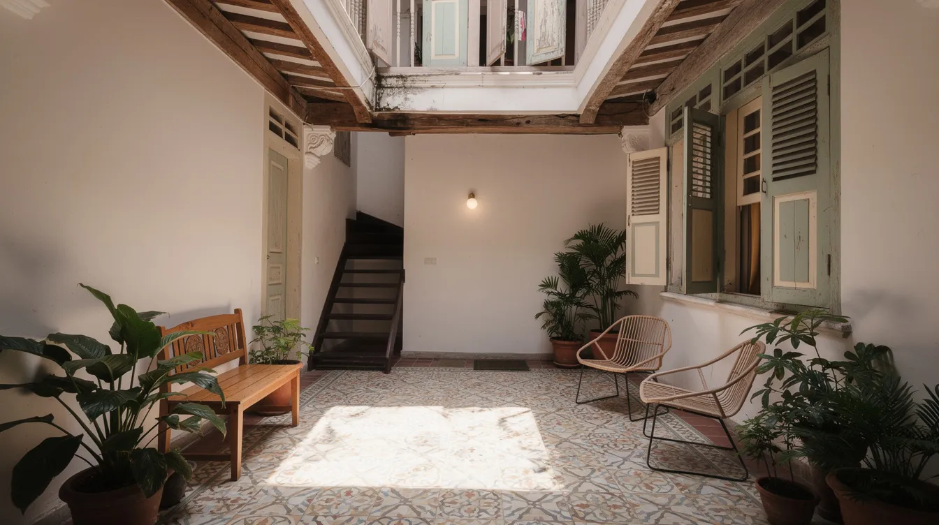The image depicts the interior courtyard of a beautifully restored heritage shophouse in the Kampong Glam district of Singapore, with natural light pouring in through an airwell. This serene space showcases a blend of historical architecture and modern design, surrounded by small cafes and shops that reflect the vibrant culture of the neighborhood.