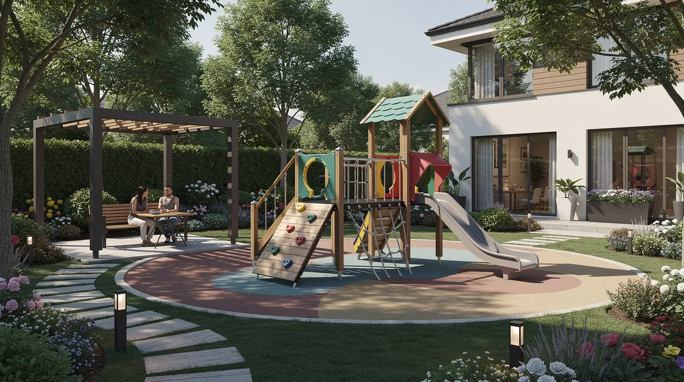 The image depicts a beautifully landscaped children's playground featuring various climbing structures and a shaded seating area, all situated within a residential garden. This inviting space is ideal for families living near Dunearn House, providing a safe and enjoyable environment for children to play and explore.