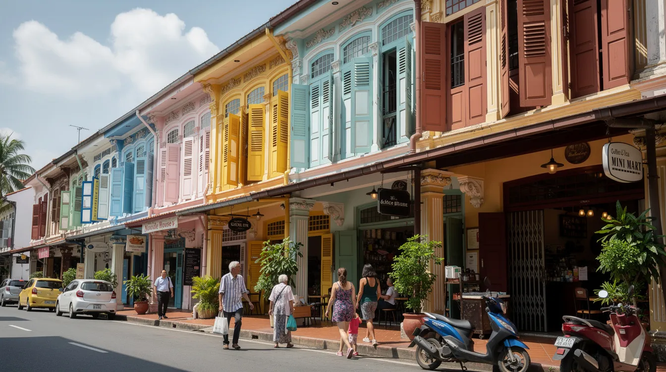 The image depicts a lively street lined with vibrant commercial shophouses, showcasing various restaurant signage while pedestrians stroll beneath the protective five-foot ways. This scene reflects the commercial property landscape in Singapore, where foreign buyers can explore investment opportunities in commercial use shophouses, contributing to the dynamic retail space of the area.