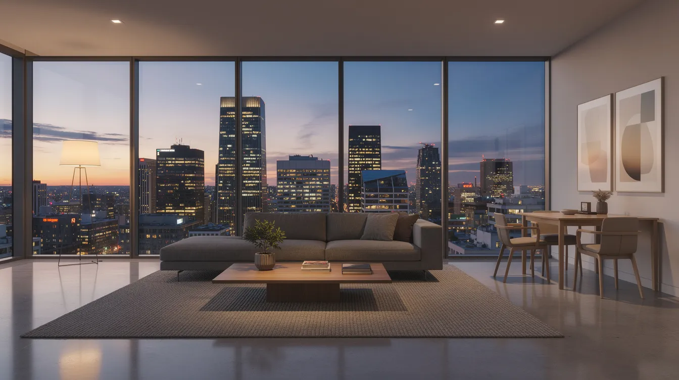 The image depicts the interior of a modern apartment featuring floor-to-ceiling windows that showcase a stunning city skyline at dusk, with warm lights illuminating the buildings. This stylish living space emphasizes contemporary design elements, ideal for those seeking a rare freehold address in a quiet residential enclave near Novena MRT station and the vibrant city centre.
