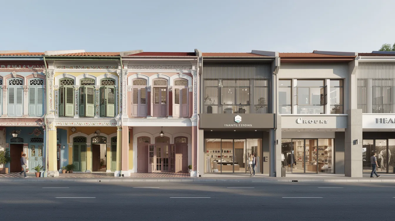 The image shows a side-by-side view of a beautifully restored conserved shophouse facade next to a modernized commercial row, highlighting the contrast between traditional architecture and contemporary design in Singapore's shophouse market. This juxtaposition reflects the ongoing interest from foreign investors and the robust transaction volume for freehold landed shophouses, despite lower sales volume in recent years.