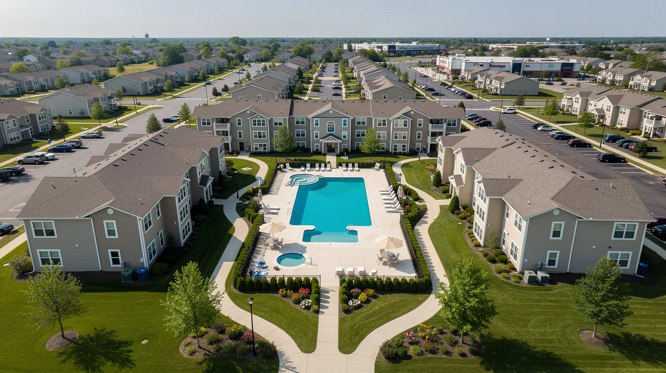 An aerial view of a mass-market suburban condominium showcases a large swimming pool surrounded by landscaped grounds, highlighting the appeal of residential property investment. This image reflects the lifestyle associated with private properties in Singapore, where buyers may consider factors like purchase price and buyer's stamp duty when engaging in property transactions.