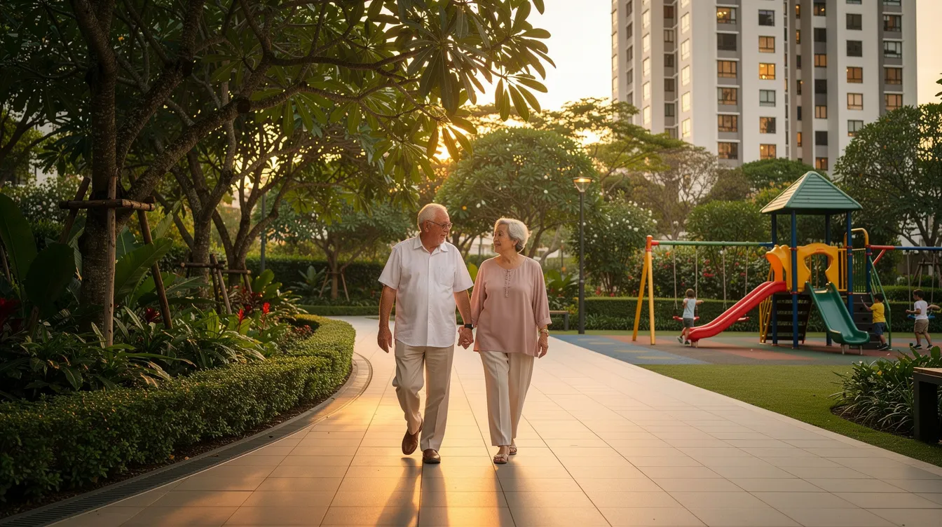 An elderly couple strolls hand-in-hand along a tree-lined pathway in Singapore, surrounded by the warm glow of evening light, as they enjoy their daily life together near a playground. This scene reflects the lifestyle of many empty nesters who are right sizing to a smaller condo, unlocking financial freedom and embracing the next chapter of their lives.