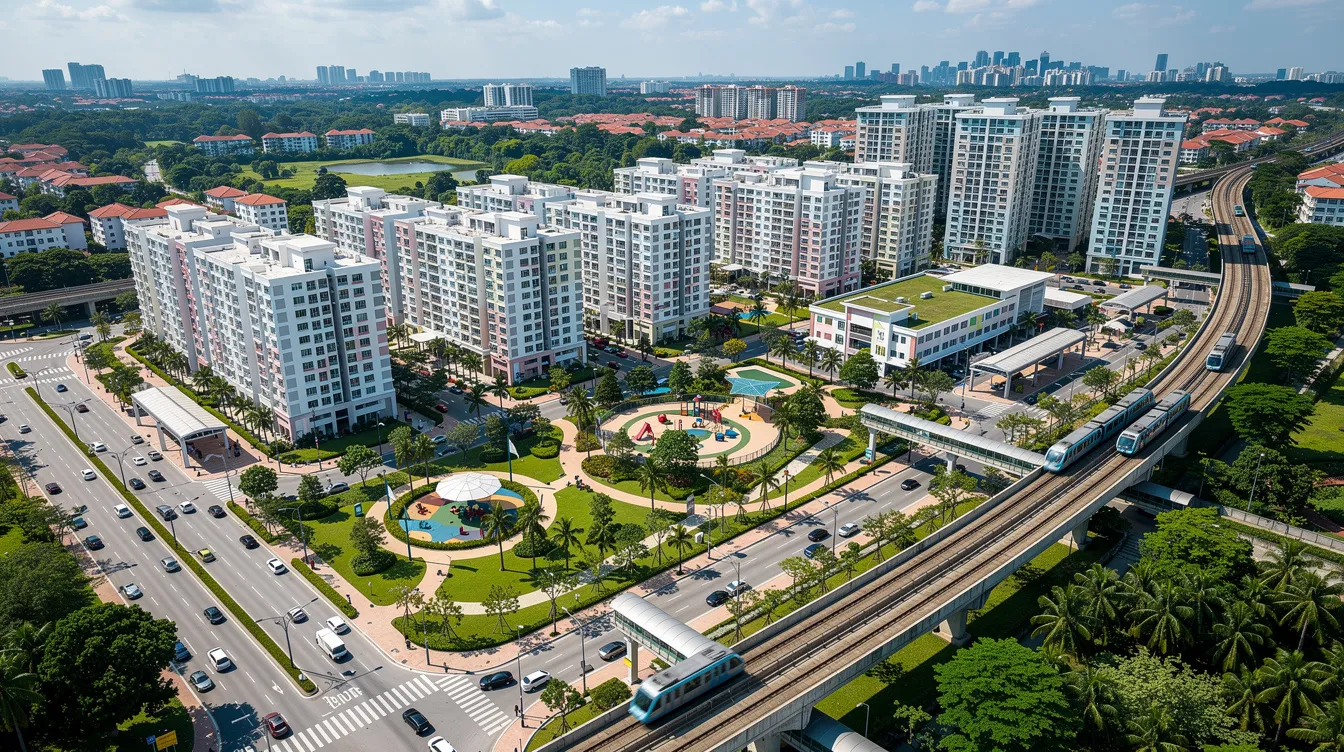An aerial view of suburban Singapore showcases a cluster of modern condominiums surrounded by lush green spaces and well-planned transport infrastructure, including the Lakeside MRT station. This image highlights the close proximity to amenities like Jurong Lake Gardens and Rulang Primary School, making it an attractive investment for families looking at different price points in the market.