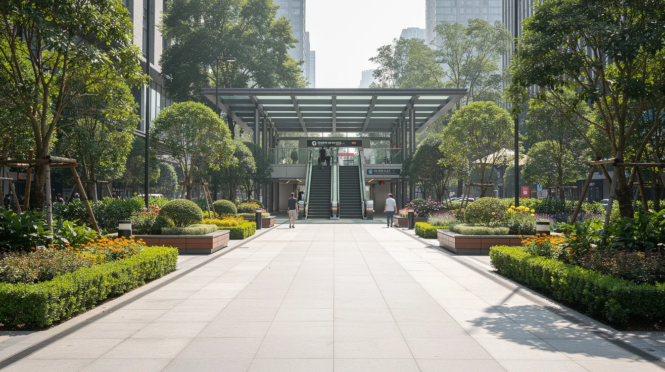 A wide pedestrian pathway leads towards the entrance of an urban MRT station, flanked by lush greenery on both sides, creating a pleasant and inviting atmosphere for commuters in the Farrer Park area of Singapore. This space offers easy access to transport and amenities, making it ideal for families and residents considering the new developments in Dorset Road.