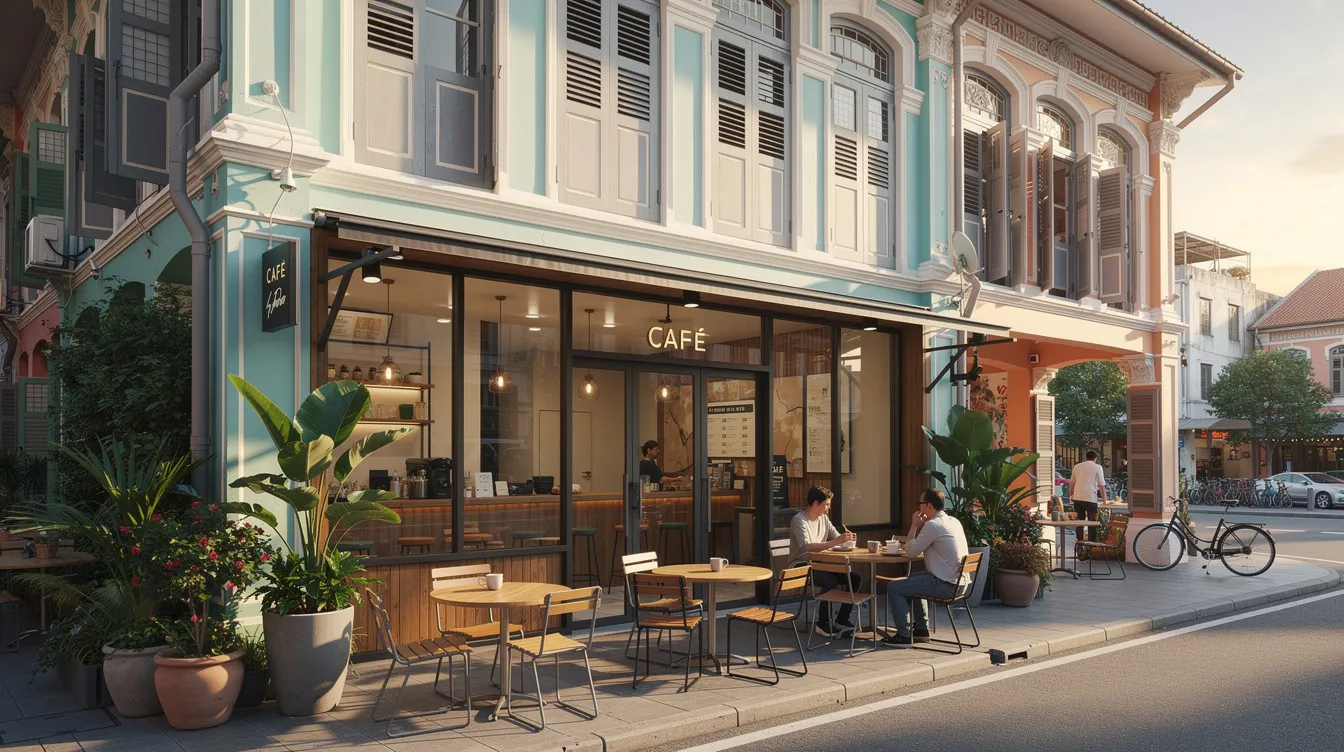 A vibrant street-level shophouse features a modern cafe with an inviting outdoor seating area, situated in a bustling urban neighborhood. This location highlights the appeal of freehold properties versus 99-year leasehold options for potential buyers and investors looking to understand property value in the market.