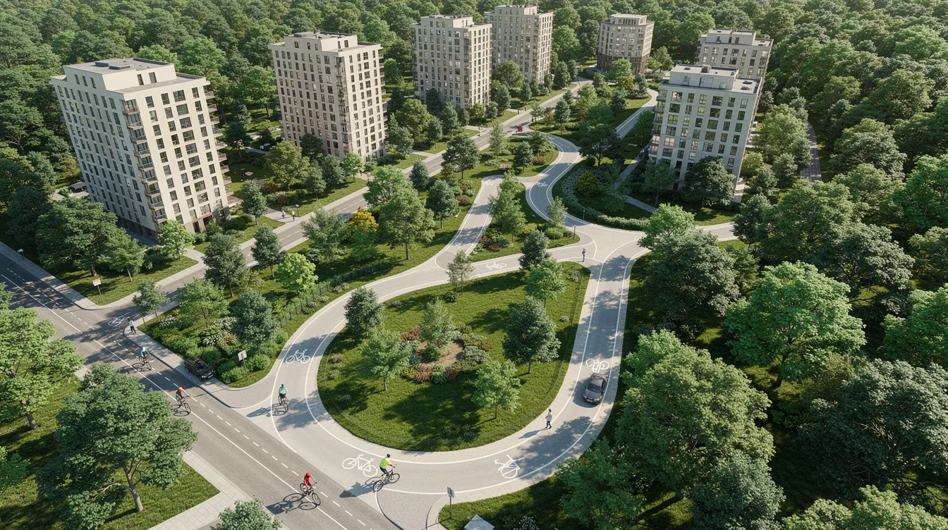 An aerial view showcases a vibrant new town development, featuring residential towers nestled within lush green corridors and cycling paths, indicative of the sustainable town concept at Tengah Garden Residences. The layout emphasizes transport connectivity and integrated living, appealing to buyers and investors seeking long-term value in a highly attractive market.