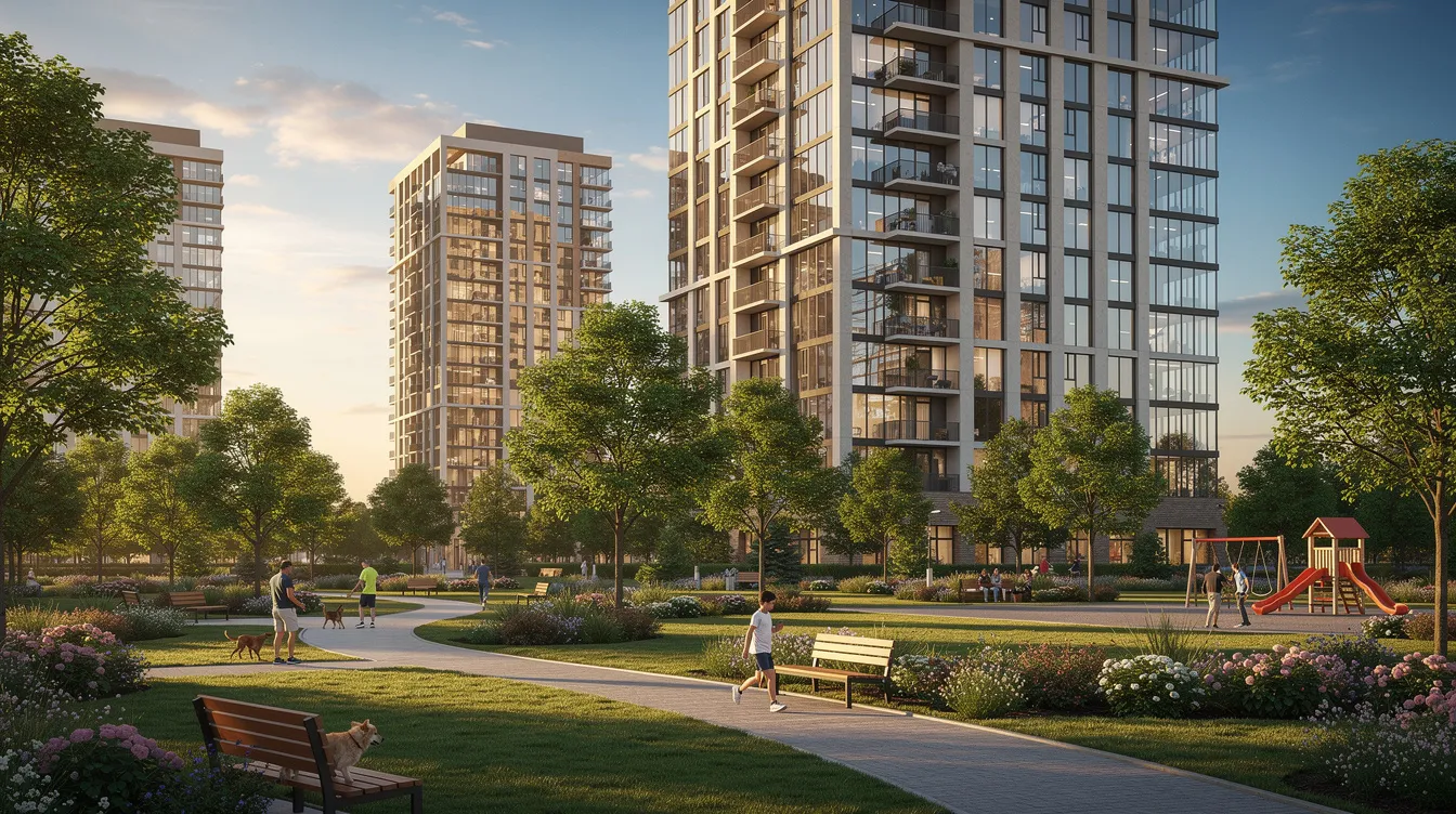 The image depicts modern condominium towers adjacent to a lush green park, featuring walking trails that invite leisurely strolls. This serene setting is ideal for families and residents of nearby developments like Lentor Gardens Residences and Thomson Reserve, providing easy access to nature and recreational spaces.