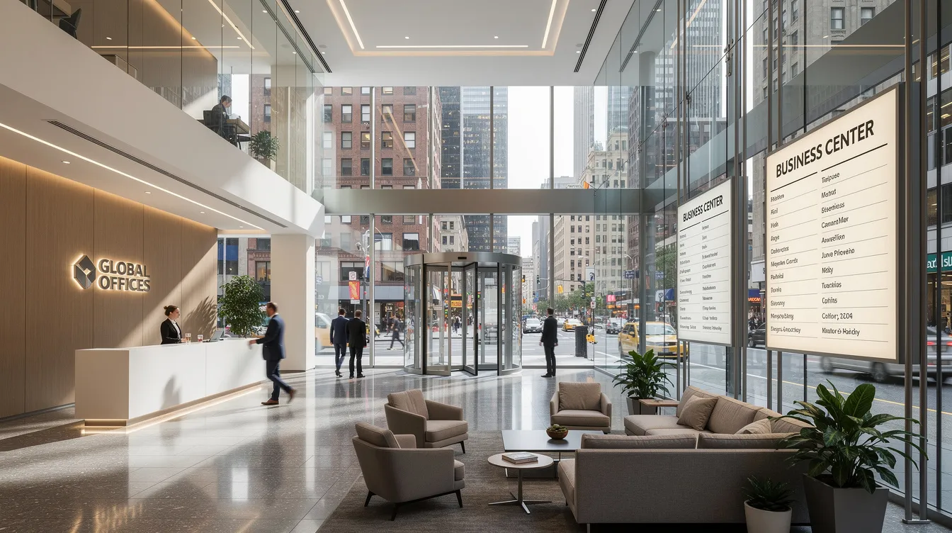 The image depicts a modern office building lobby featuring expansive glass facades and commercial signage, set in an urban environment. This inviting space reflects the dynamic nature of Singapore's real estate market, attracting both domestic and international capital from institutional investors amidst global uncertainty.