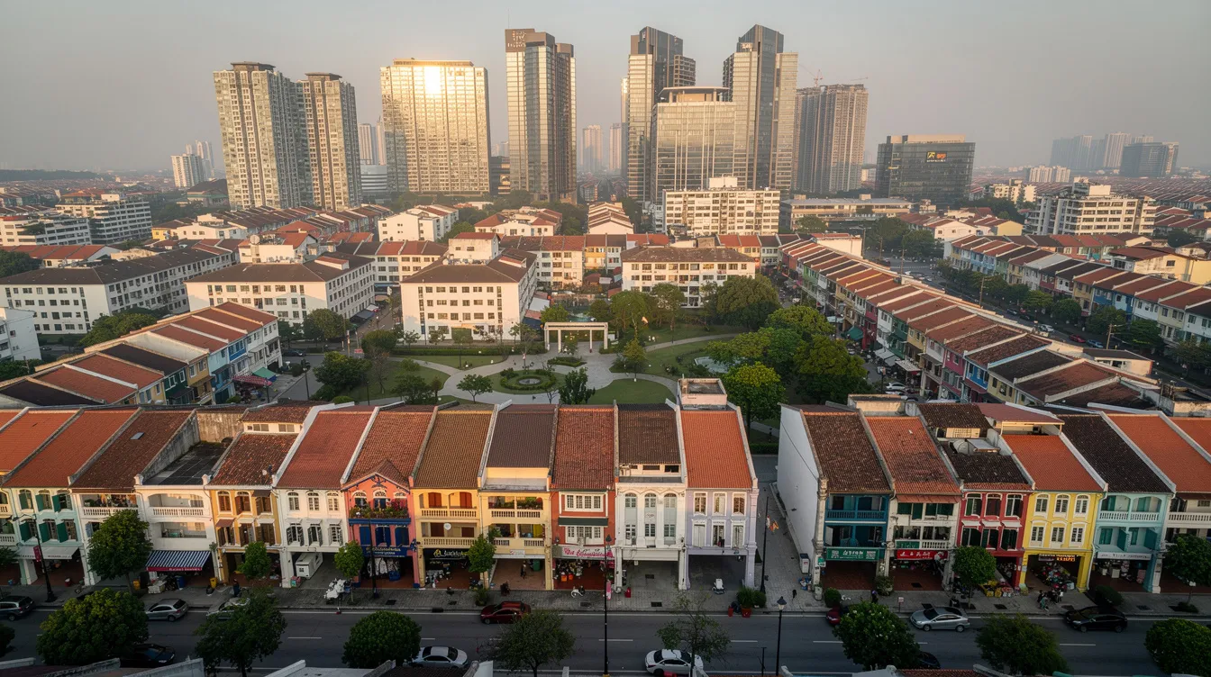 An aerial view captures a vibrant city-fringe residential neighbourhood in Singapore, showcasing a mix of low-rise shophouses and modern towers in the background, indicative of the area's development potential and community amenities. This scene highlights the balance between traditional and contemporary housing options, appealing to families and individuals considering the Dorset Road area near Farrer Park MRT.