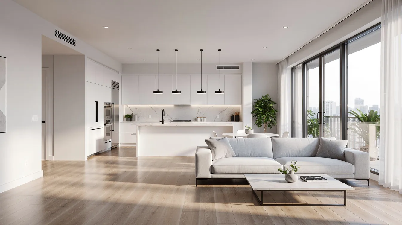 The image depicts a modern condominium unit featuring an open layout kitchen bathed in natural light, showcasing sleek design elements that enhance the space. This inviting interior reflects the benefits of living in the Lentor Gardens Residences, where residents can enjoy a bright, airy atmosphere.