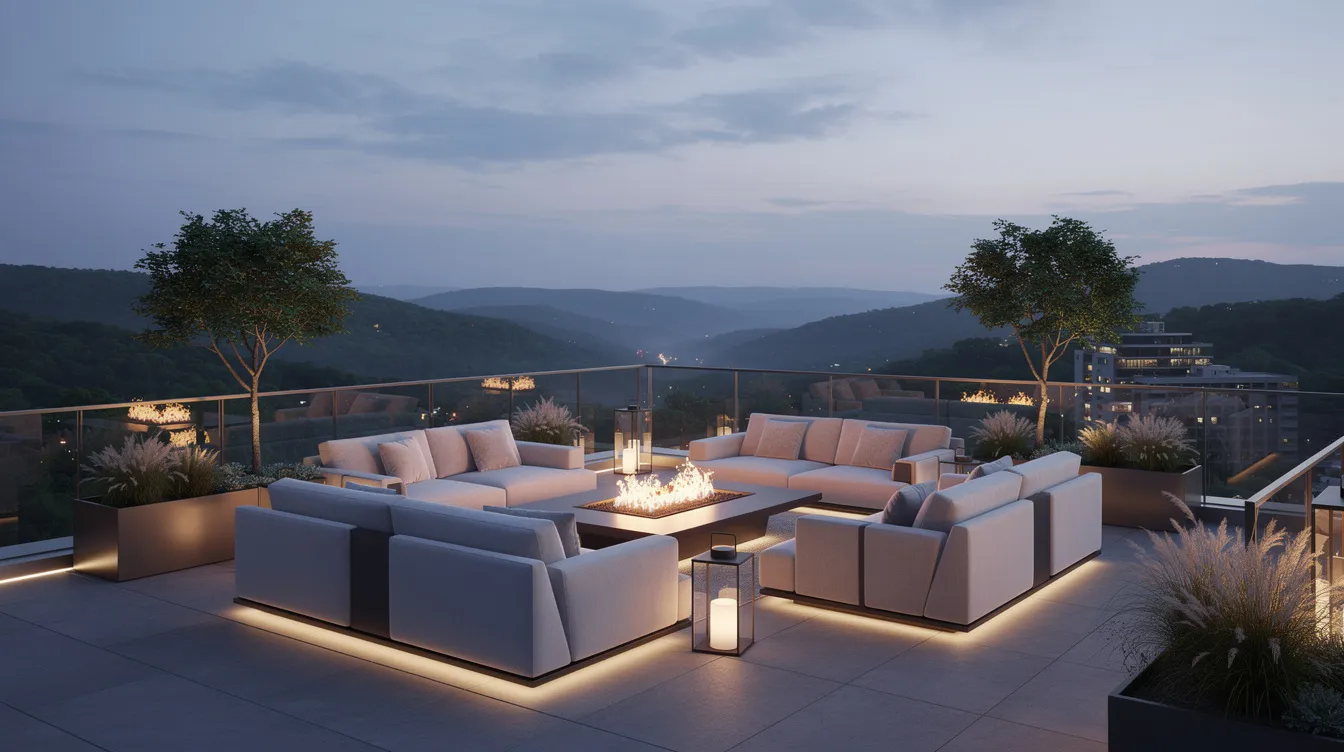 The image depicts a serene rooftop sky terrace featuring comfortable lounge seating, with a breathtaking view of forested hills at dusk. This tranquil setting is perfect for relaxation, offering a glimpse of the natural surroundings near Dunearn House and the surrounding Bukit Timah area.