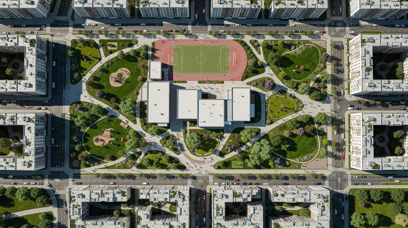 An aerial view of an urban development area showcasing green parks, school buildings, and pedestrian paths, illustrating a vibrant community environment. This area is designed to support families, with four primary schools located within close proximity, making it an ideal choice for parents considering home school distance for their children.