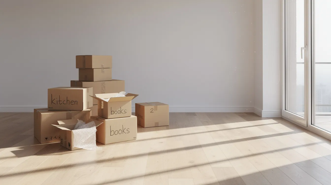 The image depicts moving boxes stacked neatly in an empty living room, with natural light pouring in through the windows, creating a bright and airy atmosphere. This scene may resonate with private property owners considering the 15 month wait out period before moving to a resale HDB flat, highlighting the transitional phase of relocating to a new home.