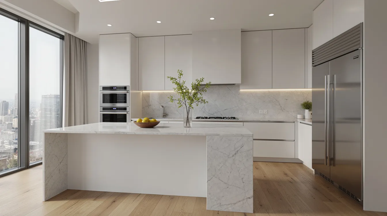 The image depicts a modern kitchen featuring premium European appliances and a luxurious marble countertop, situated in a spacious apartment. This stylish kitchen is part of a freehold development in a prime district, likely appealing to families looking for residential units near amenities like Holland Village and the King Albert Park MRT station.