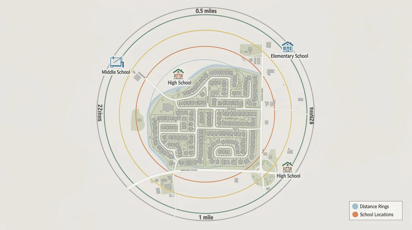 The image depicts a map illustrating concentric distance rings around a residential development, specifically highlighting the locations of four primary schools within 1km and 2km of Lucerne Grand. This visual aids parents in understanding the home school distance categories relevant for P1 registration and priority admission for their children.