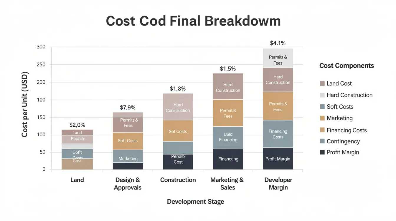 The image depicts a stacked bar chart illustrating the cost breakdown of a condominium development, detailing various components from land prices to launch price. Each segment represents different expenses, such as land cost, construction cost, and professional fees, providing insights into the financial structure of property investment and future launches.