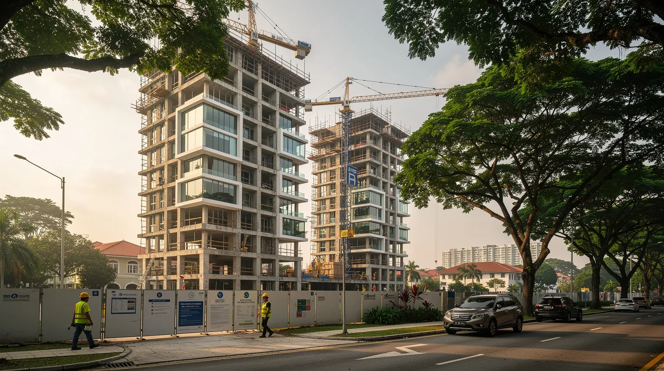 The image depicts a construction site featuring partially completed condominium towers in a suburban Singapore neighborhood, surrounded by mature trees. This scene reflects the ongoing development of private residential properties, highlighting the demand for new private residential units in the area.
