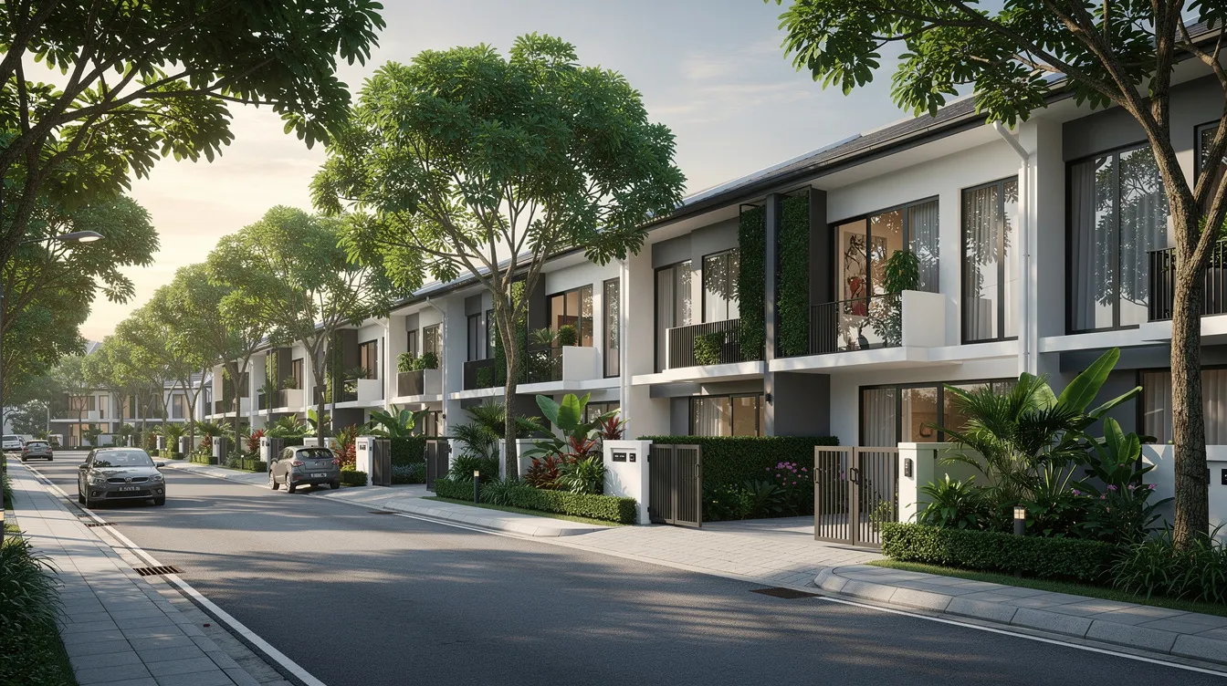 The image depicts a row of modern landed terrace houses situated on a tree-lined street in Singapore, showcasing an inviting residential atmosphere. This new launch property represents an attractive opportunity for future buyers looking to invest in the real estate market, with potential for capital gains and lower maintenance costs.