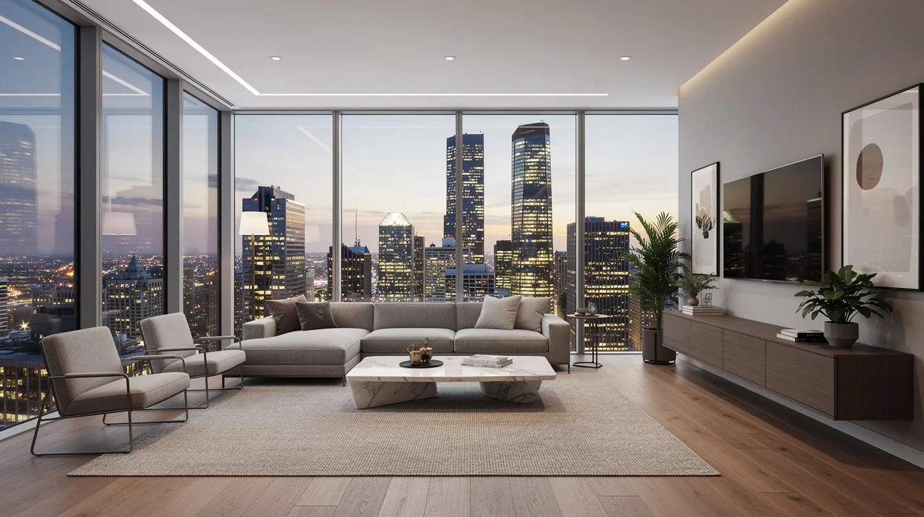 The image depicts a modern luxury condominium interior featuring floor-to-ceiling windows that provide a stunning panoramic view of the urban skyline. The stylish living and dining areas are designed for comfort and elegance, reflecting the upscale lifestyle associated with Newport Residences.