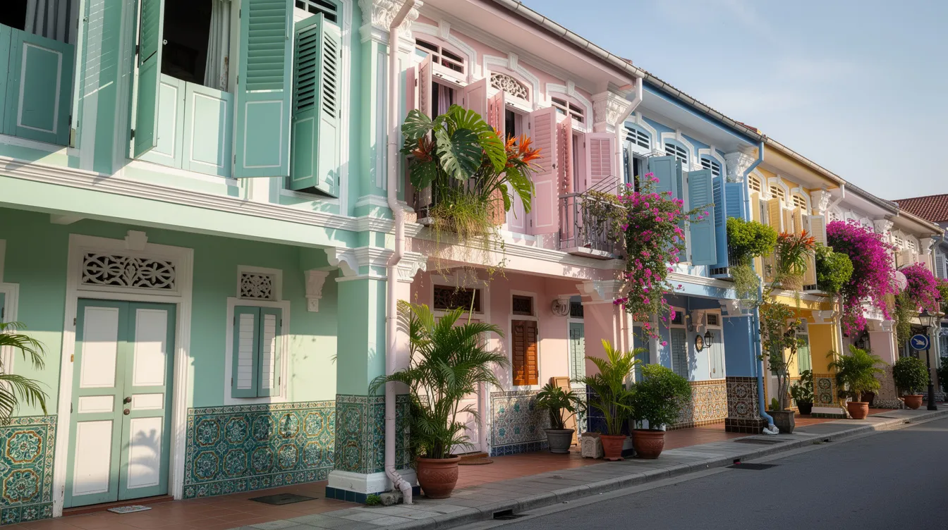 The image showcases vibrant, restored Joo Chiat shophouse facades adorned with intricate Peranakan tile details, surrounded by lush tropical plants. This colorful scene reflects the strong investor interest in Singapore's shophouse market, particularly in the central region, where freehold landed shophouses have seen increased demand despite lower sales volume.