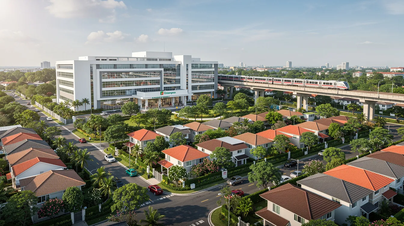 An aerial view captures a lush green residential neighbourhood, showcasing the serene environment alongside hospital buildings and an MRT line in the background. This area, part of the established East Orchard, features the Serra Residences, highlighting its proximity to the Novena MRT station and nearby schools, presenting a blend of modern central living and tranquil surroundings.