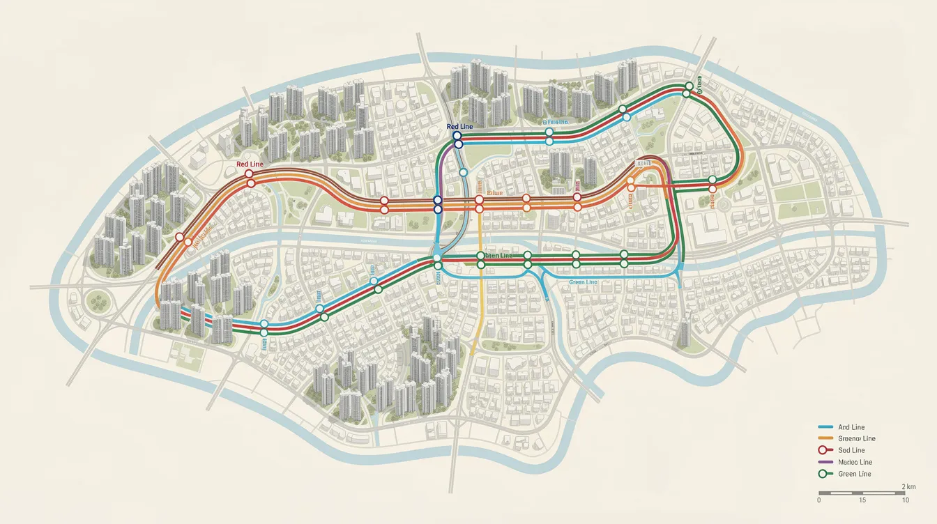 The image depicts a detailed overhead map of an island city, highlighting various residential developments marked along colorful MRT rail lines, including the Thomson East Coast Line and the Downtown Line. Key areas such as the Central Business District, Jurong Lake District, and East Coast Park are visible, showcasing the proximity of new launch condos to MRT stations and bus interchanges, emphasizing direct MRT access for future residents.