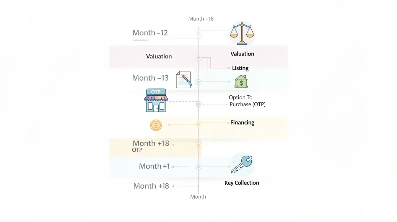 A vertical infographic illustrates a month-by-month timeline from twelve months before to eighteen months after a property transaction, featuring icons representing key milestones such as valuation, listing, OTP (Option to Purchase), financing, and key collection, relevant for HDB owners upgrading to a private condo. This visual guide highlights important aspects of the HDB sale process, including sale proceeds, buyer's stamp duty, and financing options for a smooth transition from HDB to condo ownership.