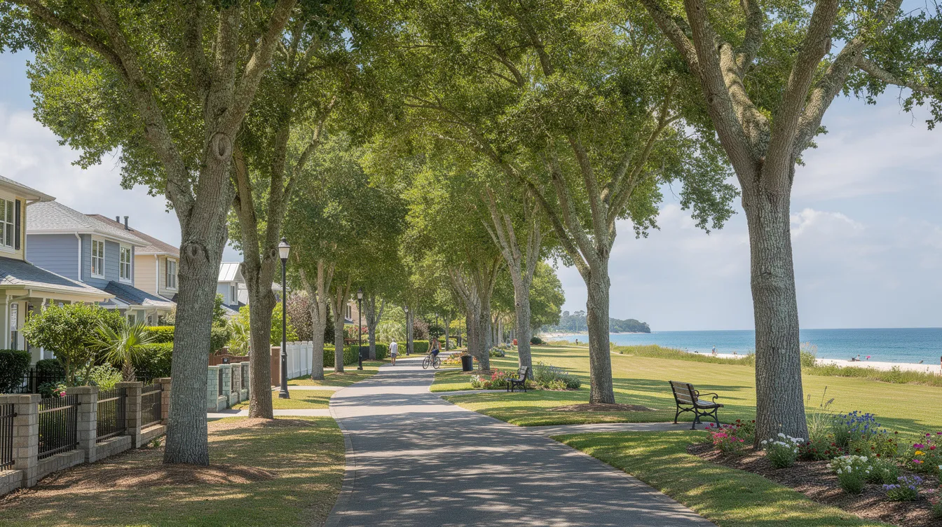 A serene, tree-lined pathway connects a vibrant residential neighborhood to the scenic Pasir Ris Park, inviting residents to enjoy nature and recreational facilities. This pathway enhances accessibility to the nearby Pasir Ris Beach and serves as a charming route for families and individuals seeking leisure and relaxation in the area.