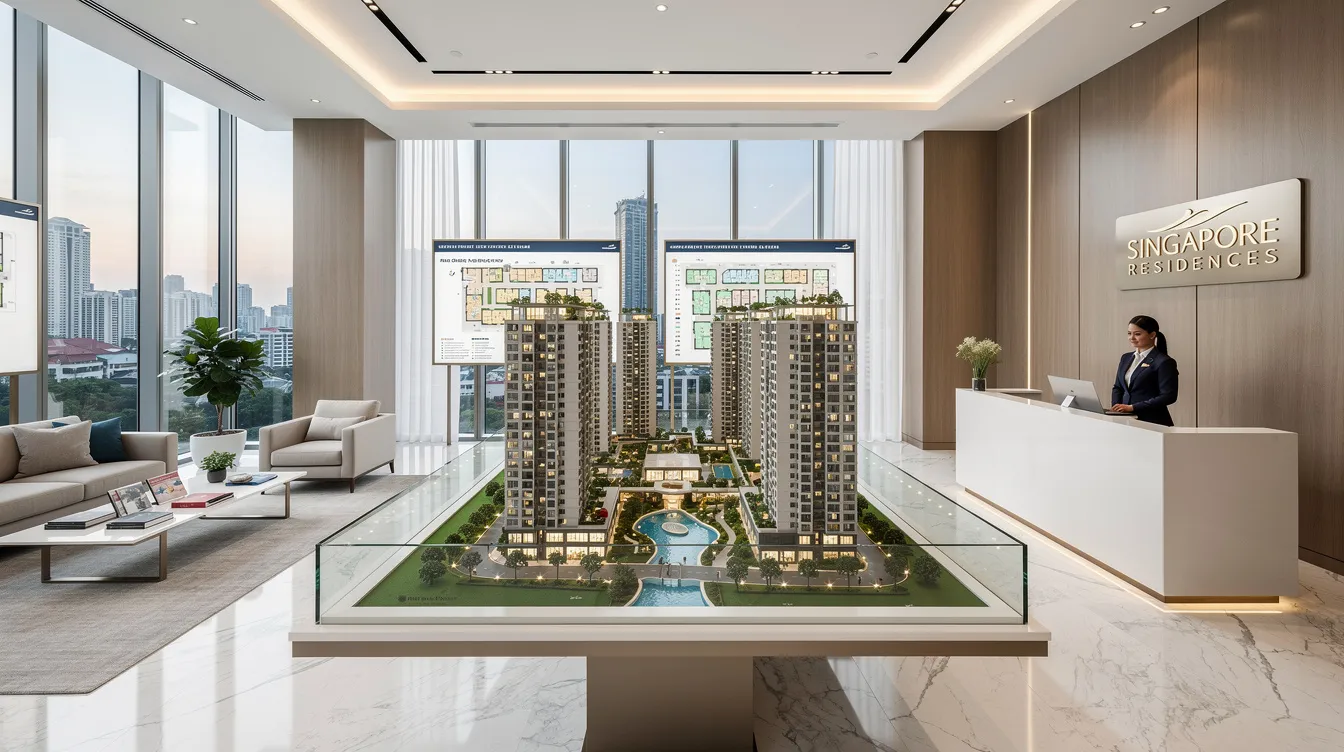The image depicts a modern condominium showflat in Singapore, featuring a sleek interior design with elegant furnishings, while a scale model of the newly launched property is displayed prominently on a table. This setting is designed to attract future buyers, offering insights into the real estate market and the benefits of investing in a new launch condo.