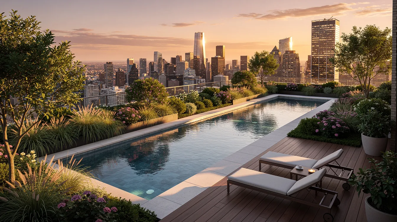 The image depicts a serene rooftop garden filled with lush greenery and a sparkling lap pool, offering stunning views of a city skyline during the golden hour. This tranquil oasis exemplifies modern central living, perfectly blending nature with urban life.