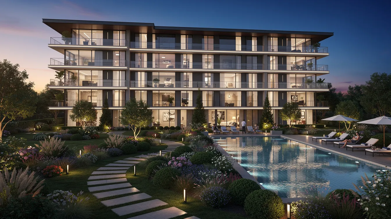 The image shows a modern condominium facade of Lentor Gardens Residences, beautifully illuminated at dusk, surrounded by landscaped gardens and featuring a serene swimming pool. This setting highlights the attractive amenities and green spaces that make Lentor Gardens Residences an appealing choice for families and residents seeking a vibrant community.