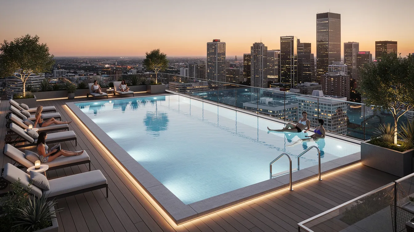 A stunning rooftop swimming pool sits atop a residential building, offering panoramic views of the city skyline in Singapore. This serene space is designed for families and individuals seeking a community atmosphere, with amenities that cater to relaxation and leisure.