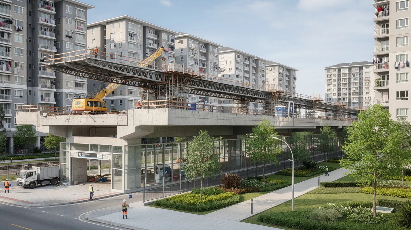 An elevated MRT station is under construction, surrounded by residential blocks and lush green landscaping, indicating the development of a sustainable town in the Tengah area. This project highlights the strong demand for new launches and the integration of transport connectivity in the region.