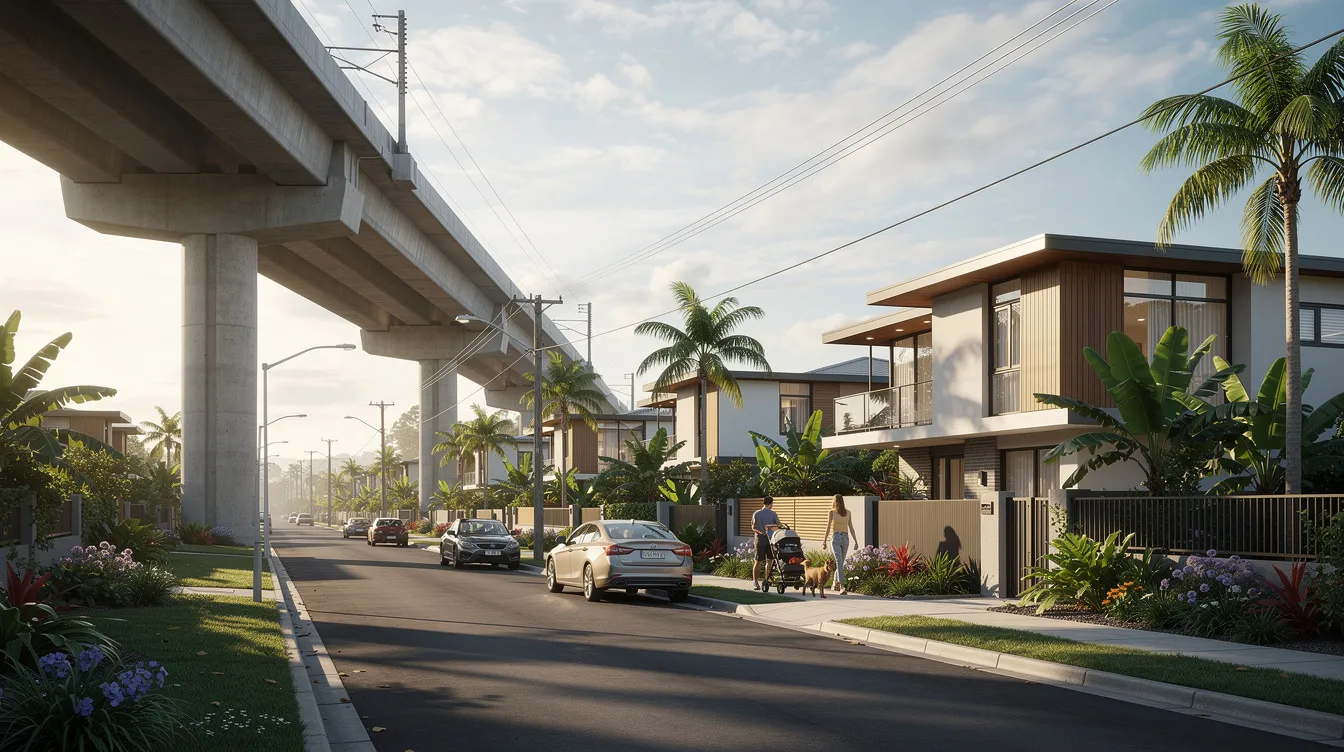 The image depicts elevated train tracks running parallel to a modern suburban neighborhood characterized by lush tropical landscaping. This scene highlights the close proximity of convenient transportation options, such as the East West Line, to residential areas, enhancing the appeal for families considering properties like Lucerne Grand near Jurong Lake Gardens.