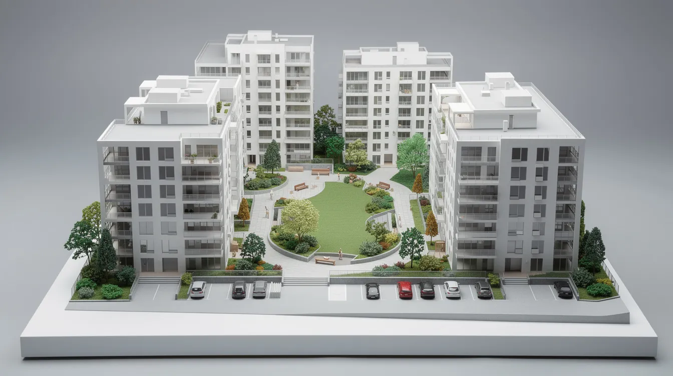 The image features a detailed scale model of a residential development, showcasing various building blocks and landscaped grounds designed for families. This model represents the investment potential of private properties in Punggol, highlighting the transition from a 4 room HDB flat to a new launch 3 bedroom unit within walking distance to amenities.